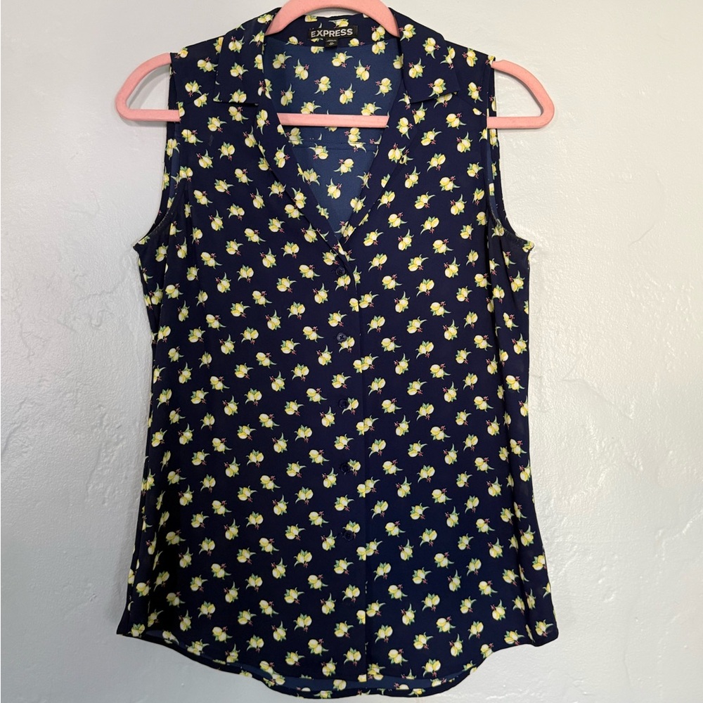 Express Dark Blue Sleeveless Blouse with Bright Yellow Lemon Design (A14)